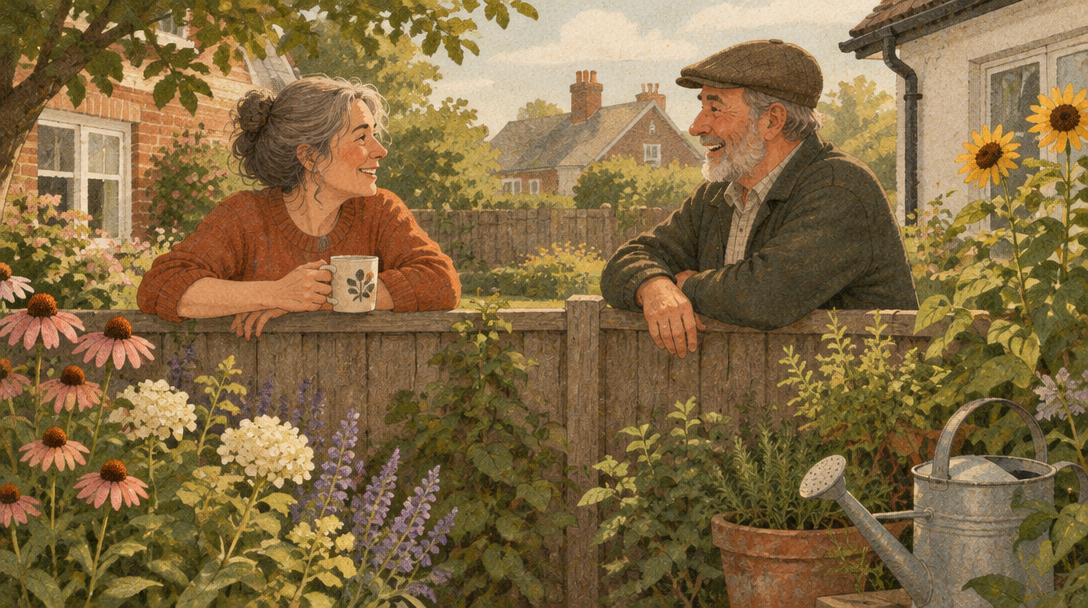 Dos vecinos conversando sonrientes sobre la valla de un jardín con flores y una regadera