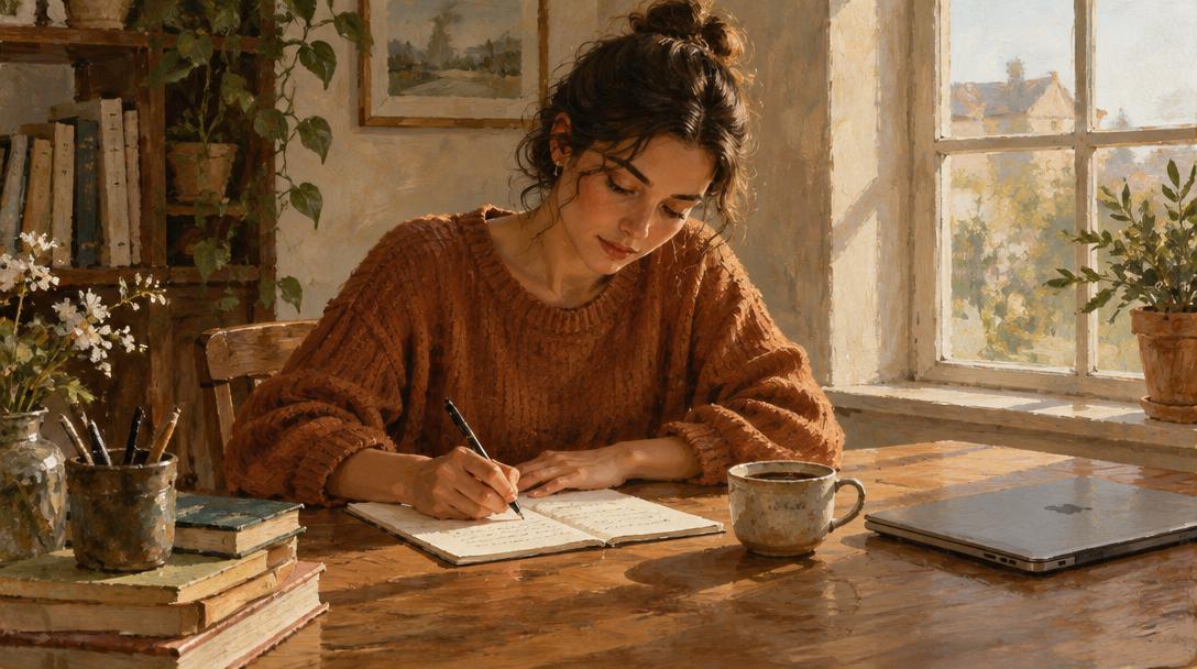 Mujer escribiendo a mano en un cuaderno junto a una ventana por la mañana, con el portátil cerrado a un lado y una taza de café