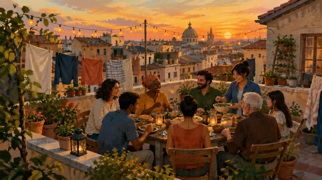 Vecinos compartiendo una comida en la azotea de un edificio al atardecer, entre cuerdas de tender y tejados de la ciudad