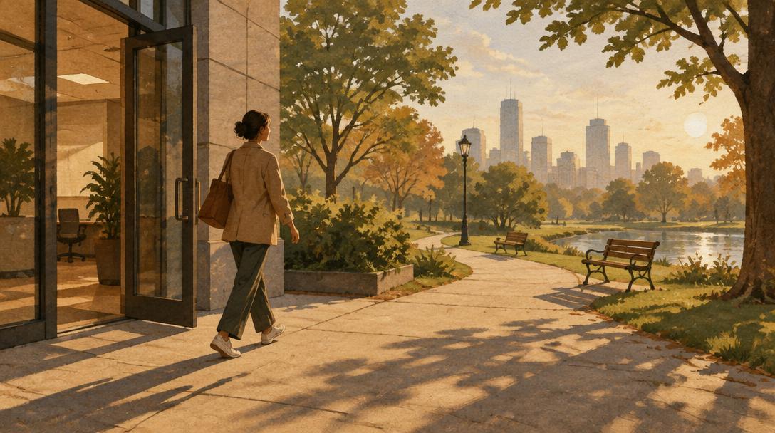 Mujer saliendo de un edificio de oficinas hacia un parque al amanecer con los hombros relajados