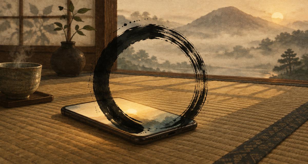 Círculo zen ensō pintado con tinta negra sobre un teléfono móvil apoyado en un tatami, con montañas entre niebla al fondo