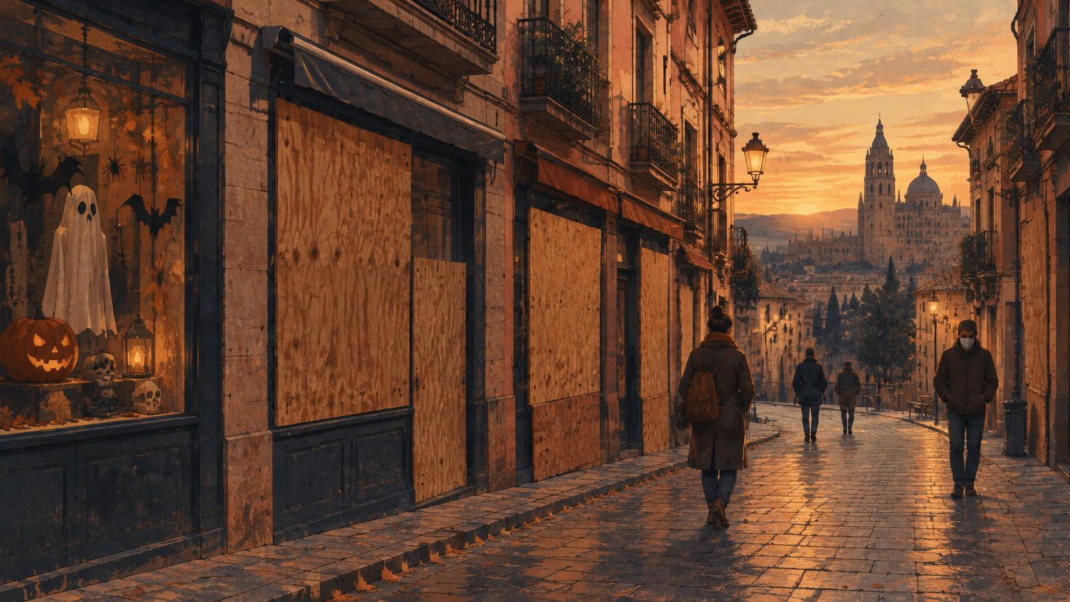 Calle de una ciudad española al atardecer con escaparates cubiertos por tableros de madera y adornos de Halloween en la vitrina, ilustración editorial