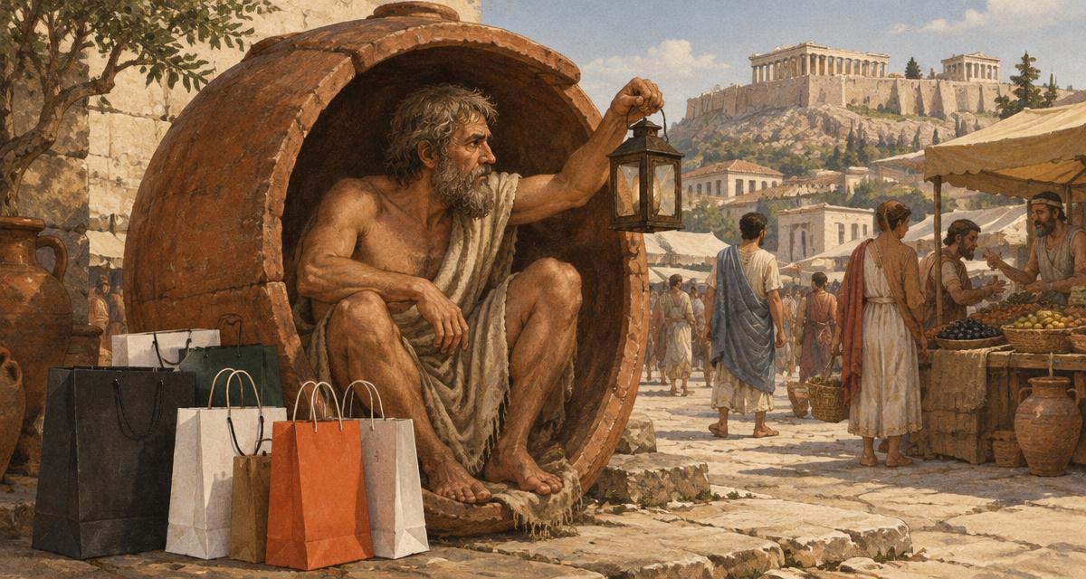 Diógenes sentado dentro de una gran tinaja de barro sosteniendo una linterna en pleno día, con un mercado de Atenas y bolsas de compras modernas a sus pies