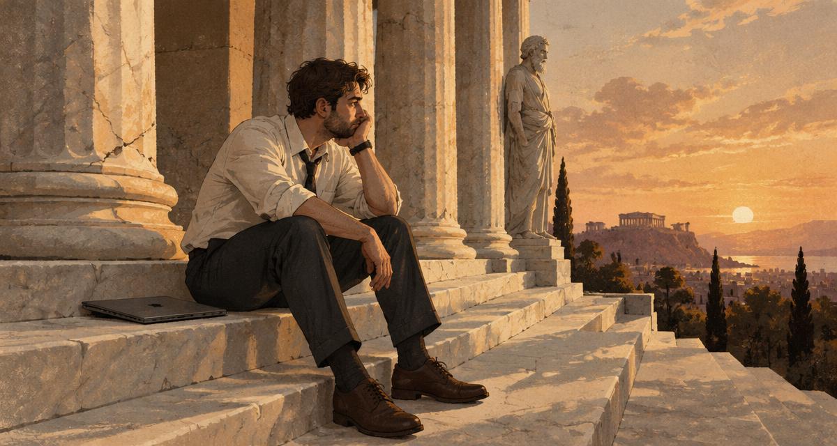 Ilustración de un oficinista cansado sentado en las escaleras de una columnata estoica al atardecer, con el portátil cerrado a su lado