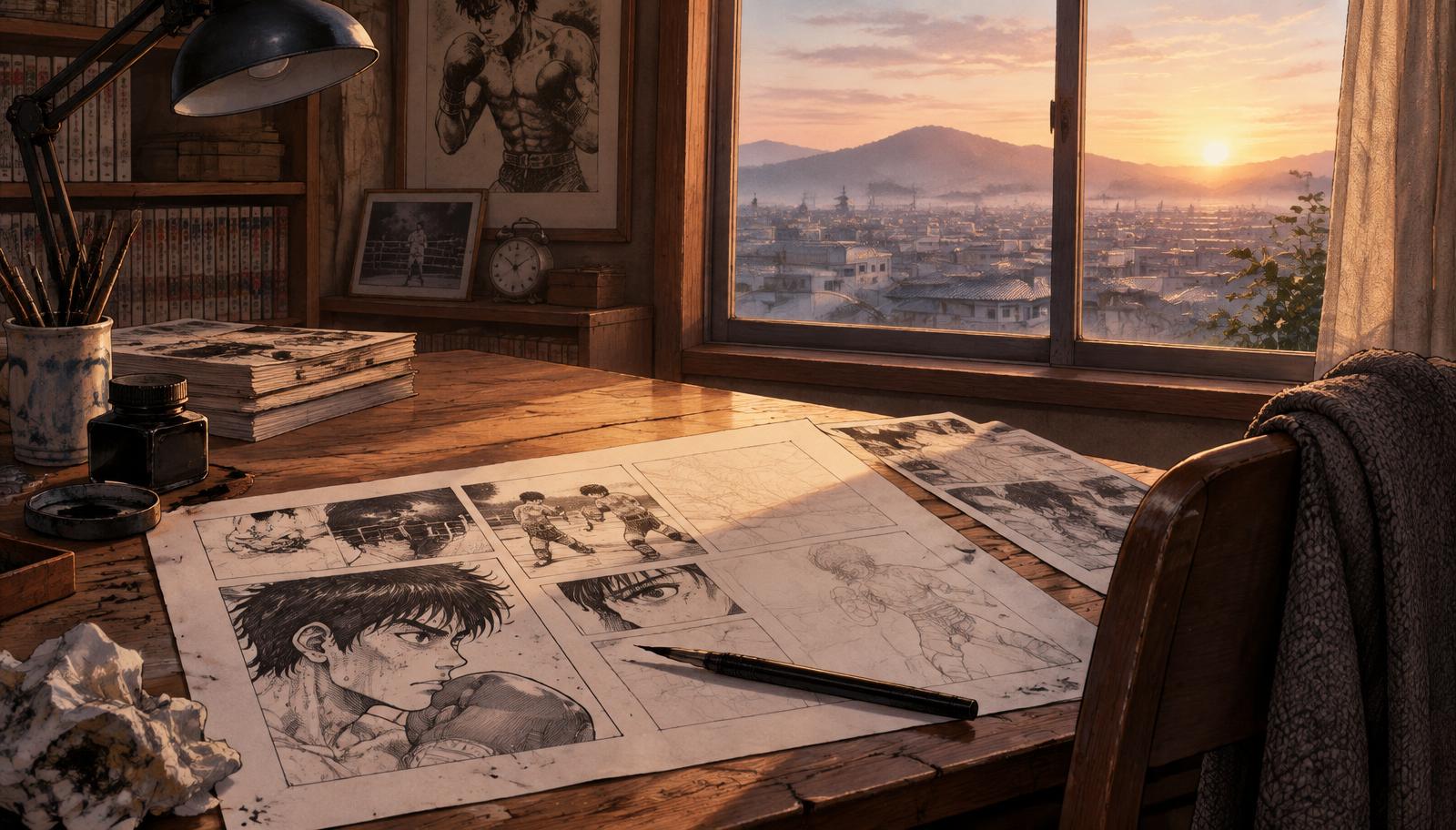 Mesa de dibujo vacía junto a una ventana al amanecer, con páginas de manga de boxeo sin terminar, un plumín apoyado y una silla con una chaqueta