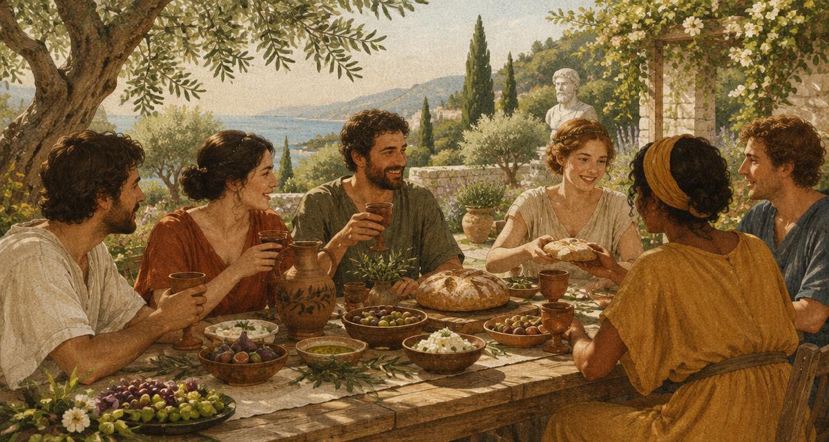 Grupo de amigos compartiendo pan, aceitunas y vino en una larga mesa bajo olivos en un jardín griego soleado