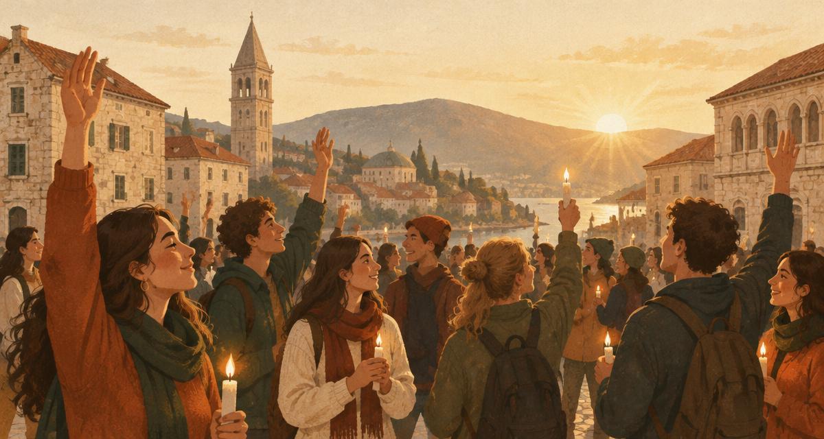 Multitud de jóvenes celebrando al amanecer en una plaza de una ciudad balcánica, con velas encendidas y luz dorada sobre las fachadas antiguas
