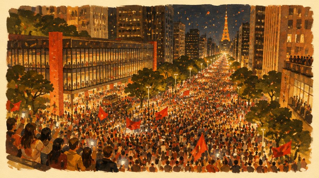 Multitud celebrando de noche en una gran avenida de una ciudad brasileña, con banderas rojas, confeti y luces cálidas entre los edificios