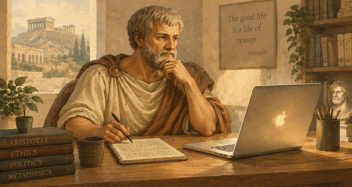 Aristóteles con túnica sentado en un escritorio de madera junto a un ordenador portátil encendido, tomando notas a mano en un cuaderno, con la Acrópolis al fondo