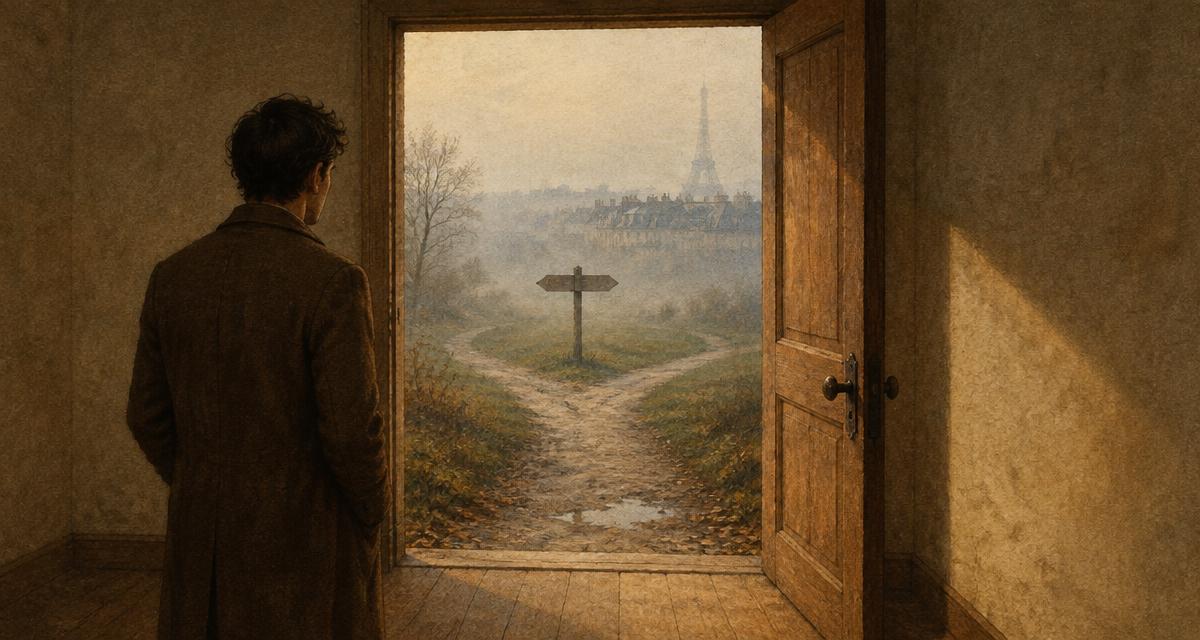 Hombre de abrigo de espaldas ante una puerta abierta que da a un cruce de caminos entre niebla, con los tejados de París al fondo